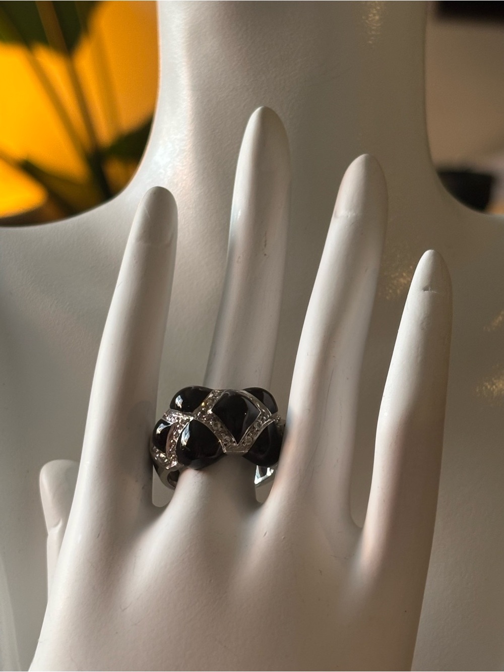 Angelique de Paris 925 Sterling Silver Black Resin CZ Quilted Statement Ring